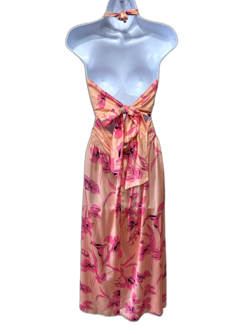 Ramy Brook Size 6 Peach & Pink Polyester Floral Satin Halter Neck Tie Back Dress Peach & Pink / 6