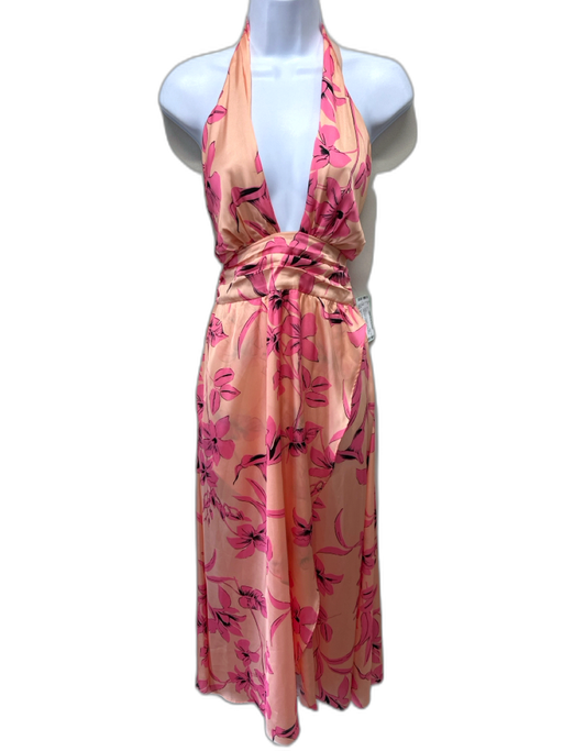 Ramy Brook Size 6 Peach & Pink Polyester Floral Satin Halter Neck Tie Back Dress Peach & Pink / 6