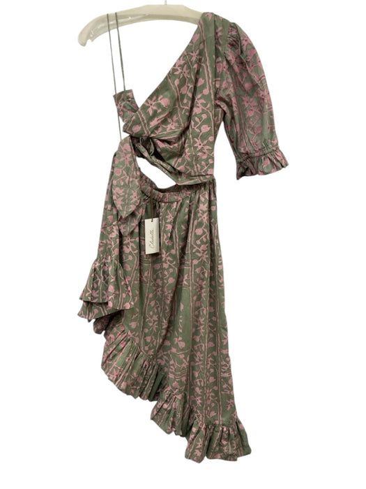 Cleobella Size M Sage Green & Pink Cotton Abstract Floral One Shoulder Dress Sage Green & Pink / M