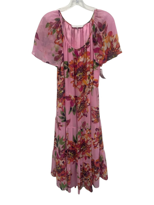 Trina Turk Size S Pink & Multi Silk Short Cap Sleeve Hook & Eye Floral Dress Pink & Multi / S