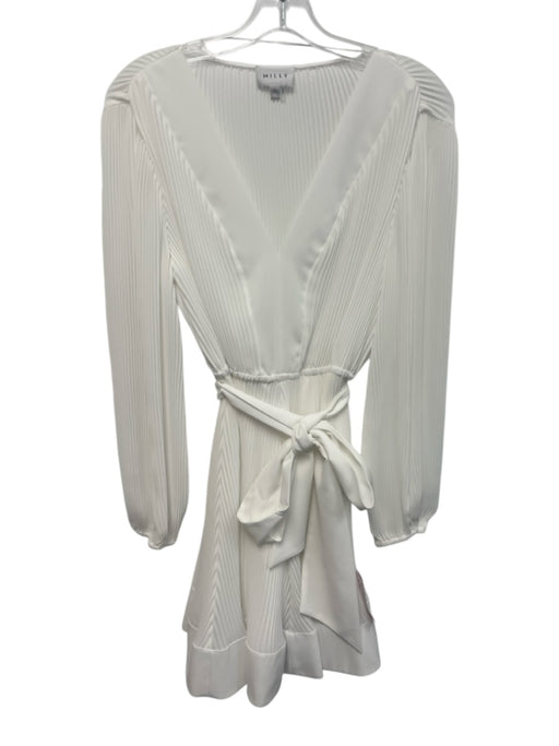 Milly Size 4 White Polyester Long Sleeve Pleated Split Neck Knee length Dress White / 4