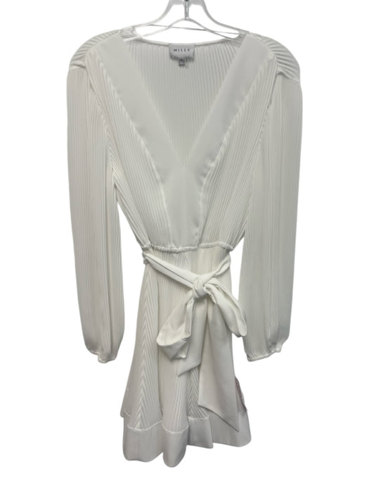 Milly Size 4 White Polyester Long Sleeve Pleated Split Neck Knee length Dress White / 4