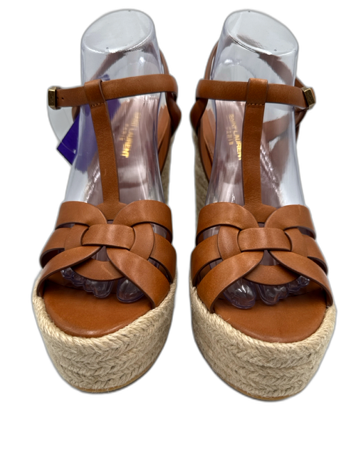 Saint Laurent Shoe Size 40.5 Cognac Brown Leather Upper Woven Wedge Sandals Cognac Brown / 40.5