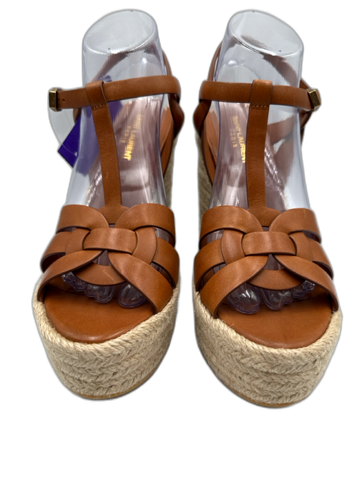 Saint Laurent Shoe Size 40.5 Cognac Brown Leather Upper Woven Wedge Sandals Cognac Brown / 40.5