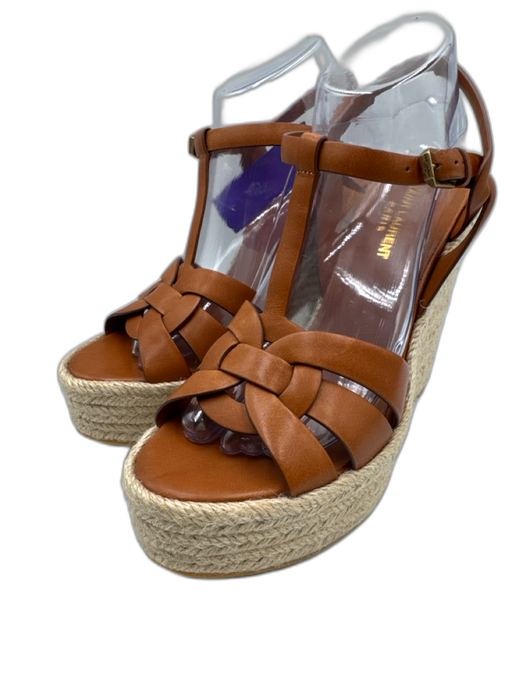 Saint Laurent Shoe Size 40.5 Cognac Brown Leather Upper Woven Wedge Sandals Cognac Brown / 40.5