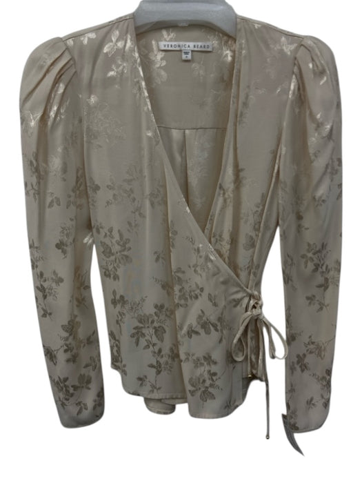 Veronica Beard Size 0 Cream White Viscose Floral Jacquard Long Sleeve Wrap Top Cream White / 0