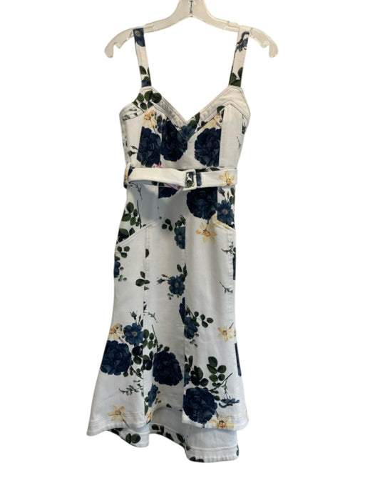 Nicholas Size 4 Cream White & Multi Cotton Blend Denim Sleeveless Floral Dress Cream White & Multi / 4