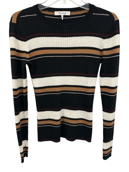 Frame Size S Black, White & Brown Cotton & Cashmere Ribbed Knit Striped Sweater Black, White & Brown / S
