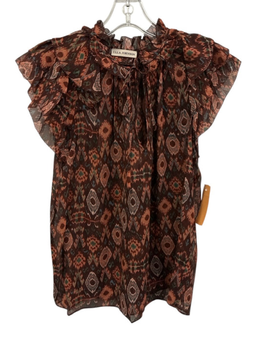Ulla Johnson Size 0 Red Silk Tie V Neck Tiered Cap Sleeve Sheer Printed Top Red / 0