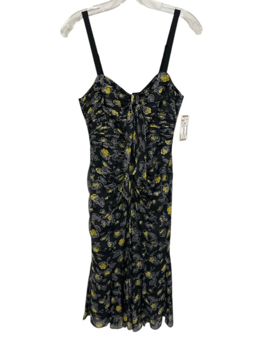 Cinq a Sept Size 4 Black, Yellow & White Print Silk Sleeveless Ruched Dress Black, Yellow & White Print / 4