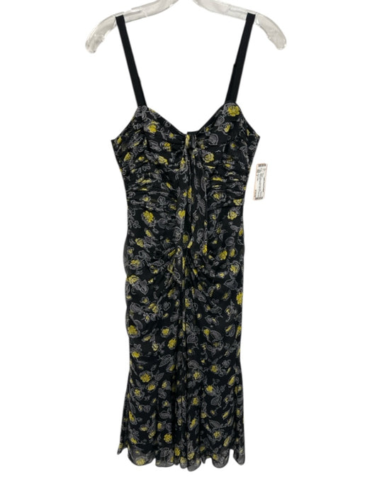 Cinq a Sept Size 4 Black, Yellow & White Print Silk Sleeveless Ruched Dress Black, Yellow & White Print / 4