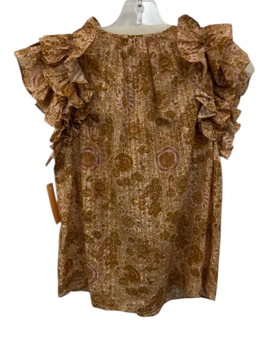 Ulla Johnson Size 0 Yellow Brown White Cotton Blend Floral Ruffle Cap Sleeve Top Yellow Brown White / 0
