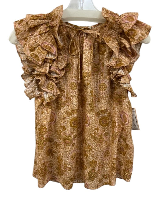 Ulla Johnson Size 0 Yellow Brown White Cotton Blend Floral Ruffle Cap Sleeve Top Yellow Brown White / 0