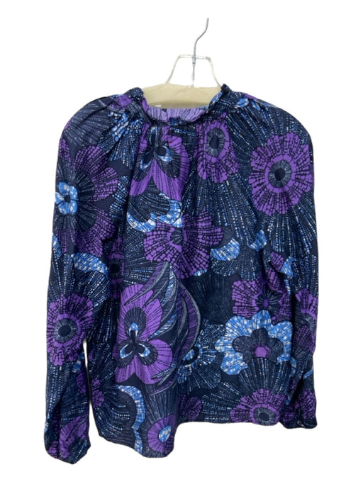 XiRENA Size S Navy & Purple Cotton & Silk Floral Long Sleeve V Neck Top Navy & Purple / S