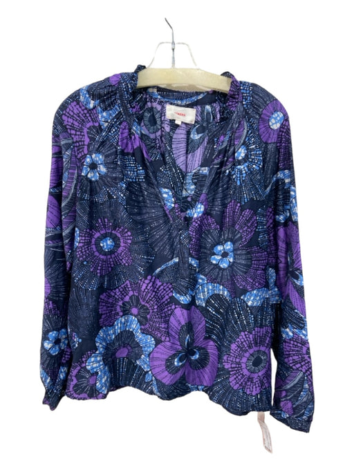 XiRENA Size S Navy & Purple Cotton & Silk Floral Long Sleeve V Neck Top Navy & Purple / S