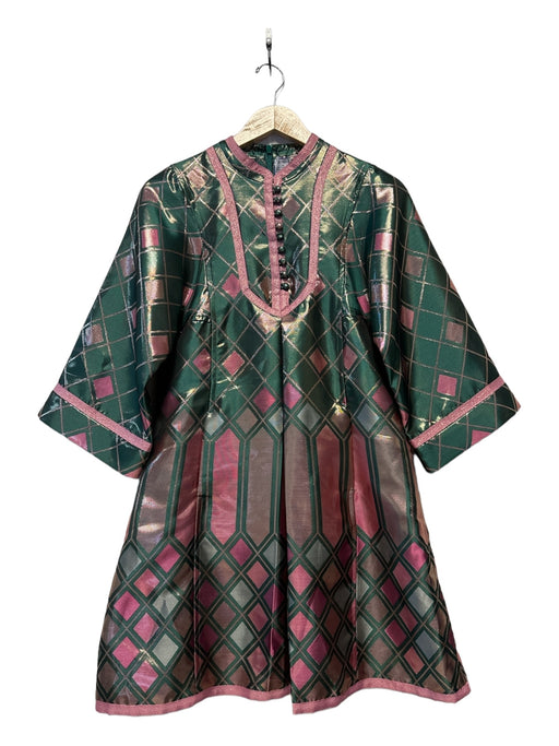 Tuckernuck Size XS Green & Pink Polyester Long Sleeve Metallic Front Pleat Dress Green & Pink / XS