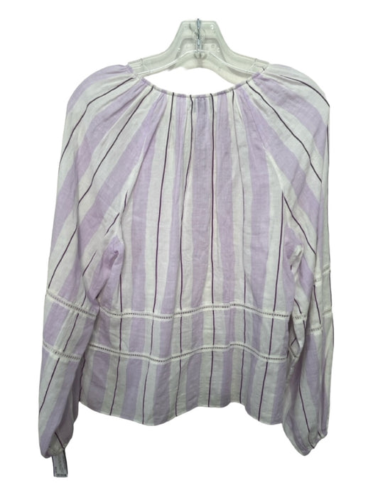 Tanya Taylor Size XS White & Purple Cotton Striped Tie Neck Long Sleeve Top White & Purple / XS