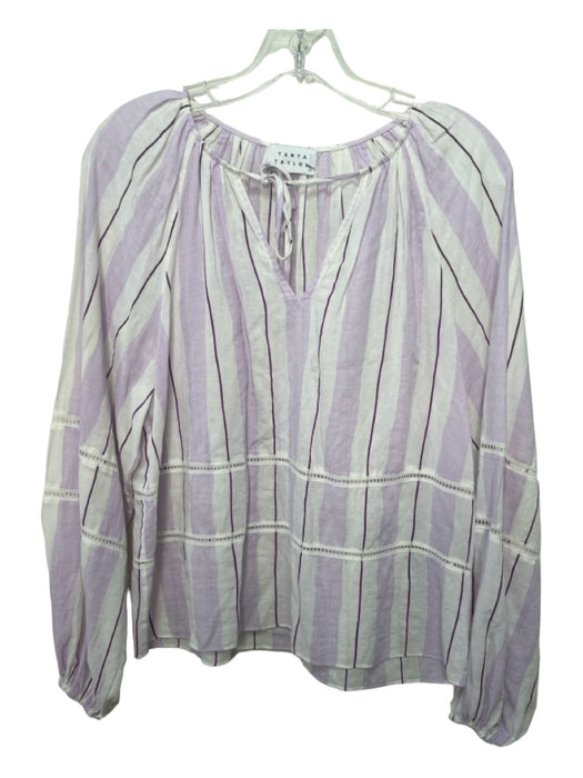 Tanya Taylor Size XS White & Purple Cotton Striped Tie Neck Long Sleeve Top White & Purple / XS