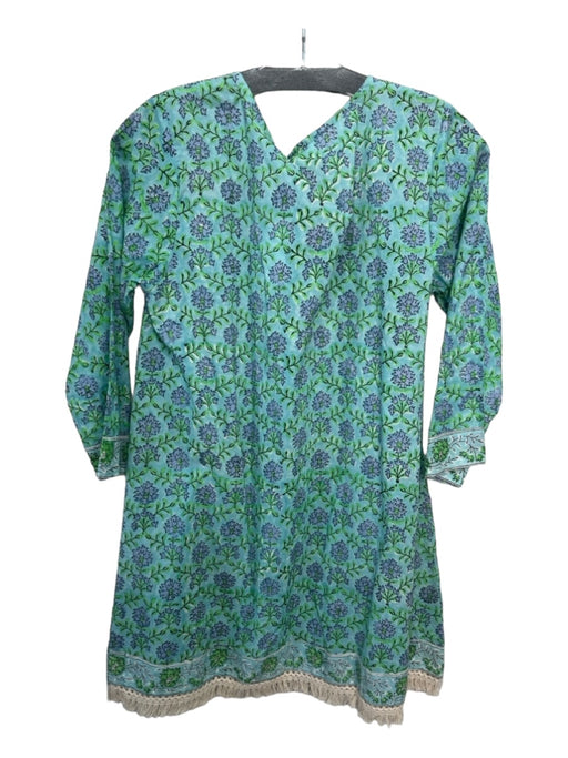 Sur La Vague Size One Size Blue & Green Cotton Floral Round Split Neck Tunic Top Blue & Green / One Size