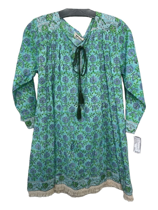 Sur La Vague Size One Size Blue & Green Cotton Floral Round Split Neck Tunic Top Blue & Green / One Size