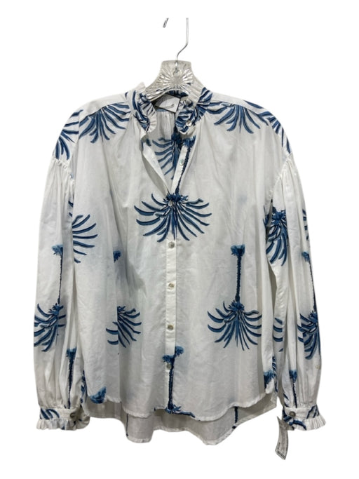 Alix of Bohemia Size XS White & Blue Cotton Long puff sleeve Tropical Top White & Blue / XS