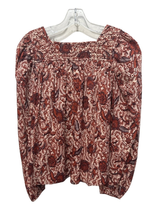 Ulla Johnson Size 4 Brown & Cream Cotton & Rayon Long Balloon Sleeve V Neck Top Brown & Cream / 4