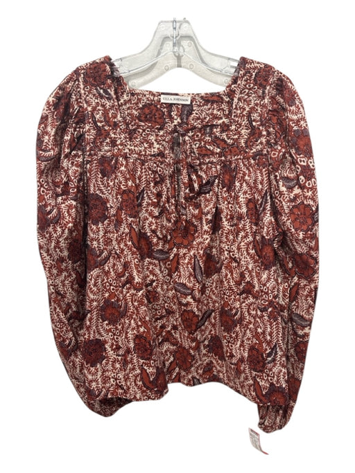 Ulla Johnson Size 4 Brown & Cream Cotton & Rayon Long Balloon Sleeve V Neck Top Brown & Cream / 4
