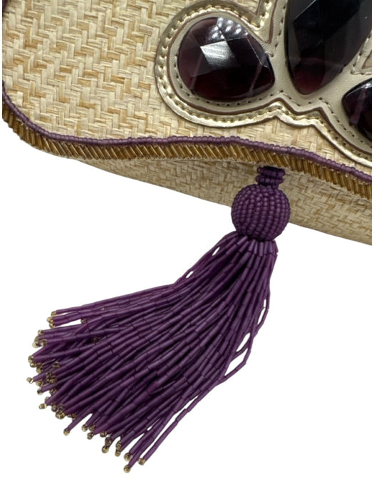 Anya Hindmarch Beige & Purple Raffia Beads Woven Tassel Clutch Bag Beige & Purple / Mini