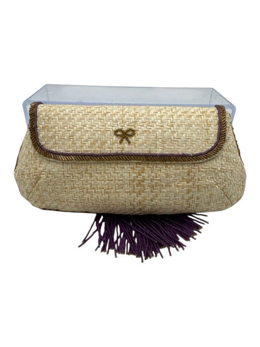 Anya Hindmarch Beige & Purple Raffia Beads Woven Tassel Clutch Bag Beige & Purple / Mini