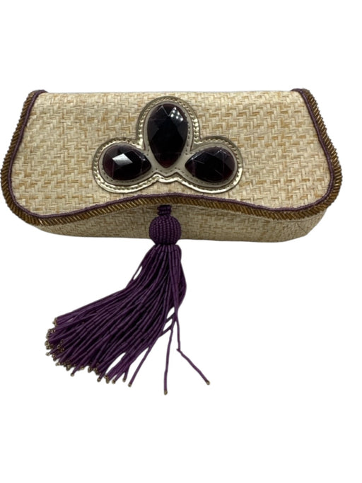 Anya Hindmarch Beige & Purple Raffia Beads Woven Tassel Clutch Bag Beige & Purple / Mini
