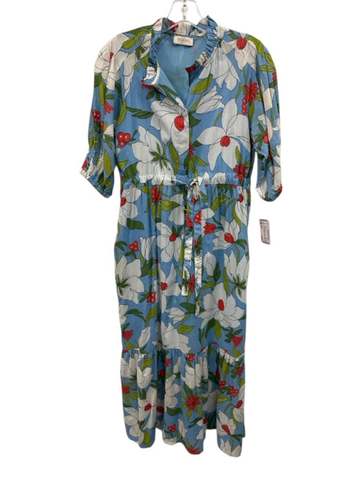 Banjanan Size XS Blue & Multi Cotton Floral 1/2 Puff Sleeve 1/2 Button Dress Blue & Multi / XS