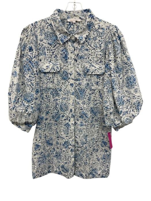 Love The Label Size S White & Blue Cotton Floral Eyelet 1/2 Puff Sleeve Dress White & Blue / S
