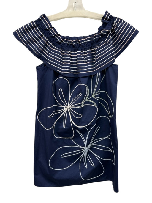 Parker Size M Navy Blue & White Cotton Floral Embroidered Off Shoulder Dress Navy Blue & White / M