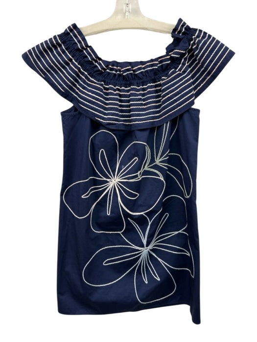 Parker Size M Navy Blue & White Cotton Floral Embroidered Off Shoulder Dress Navy Blue & White / M