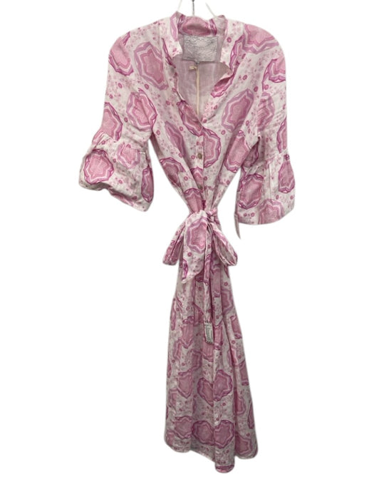 Temptation Positano Size S White & Pink Linen Geometric Floral Print Dress White & Pink / S