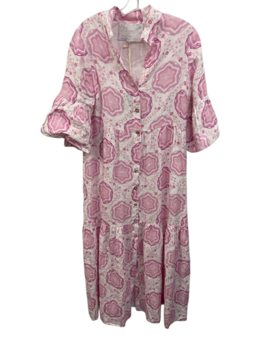 Temptation Positano Size S White & Pink Linen Geometric Floral Print Dress White & Pink / S