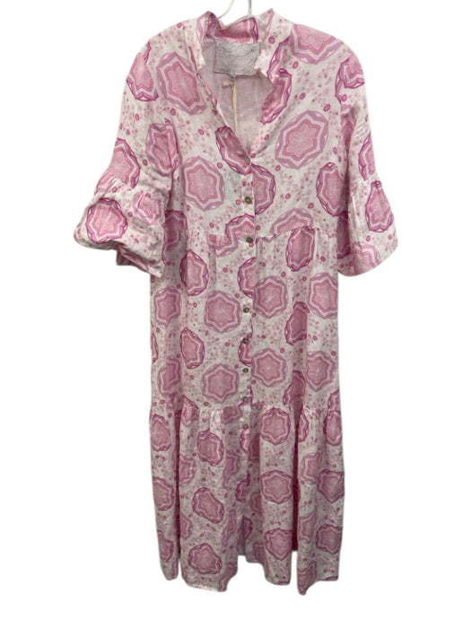 Temptation Positano Size S White & Pink Linen Geometric Floral Print Dress White & Pink / S