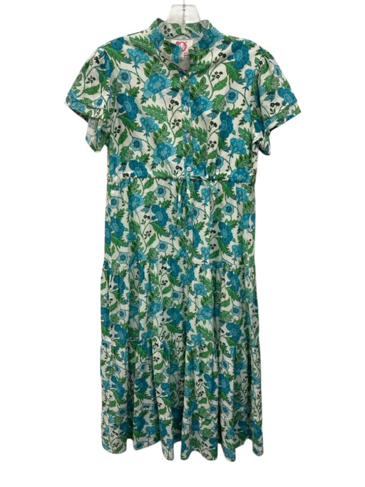 Victoria Dunn Size XS White, Blue & Green Cotton Floral Cap Sleeve Dress White, Blue & Green / XS