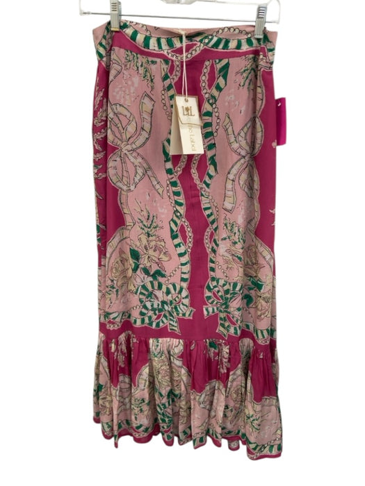 Love The Label Size S Pink & Green Cotton Blend Elastic Back Bow Print Skirt Pink & Green / S