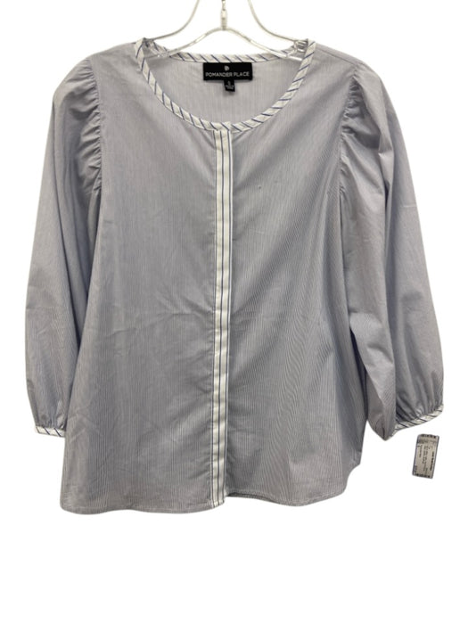 Pomander Place Size S Blue & White Cotton Puff 3/4 Sleeve Stripe Buttons Top Blue & White / S