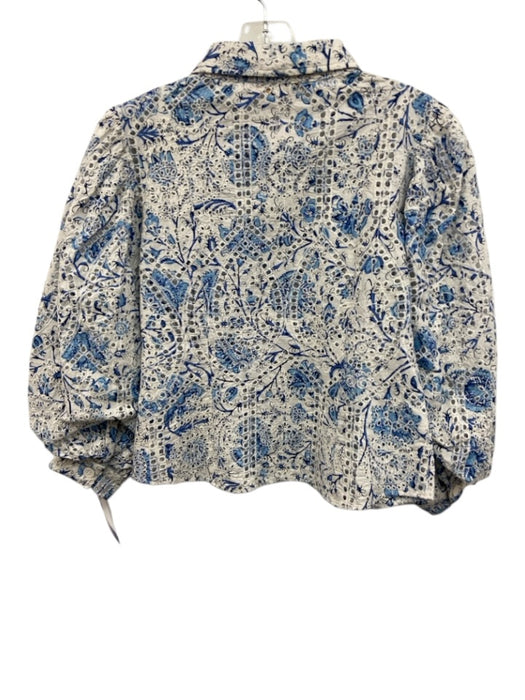 Love The Label Size XS White & Blue Cotton Blend 3/4 Puff Sleeve Eyelet Lace Top White & Blue / XS