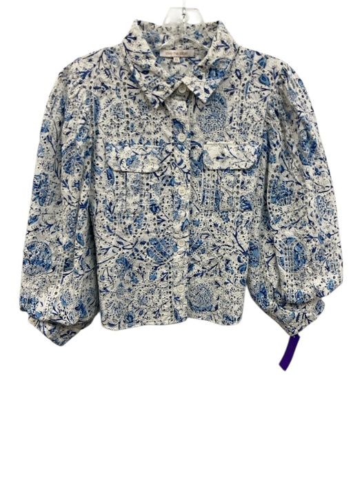 Love The Label Size XS White & Blue Cotton Blend 3/4 Puff Sleeve Eyelet Lace Top White & Blue / XS