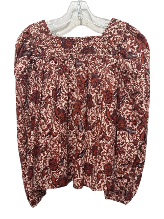 Ulla Johnson Size 4 Brown & Cream Cotton & Rayon Long Balloon Sleeve V Neck Top Brown & Cream / 4