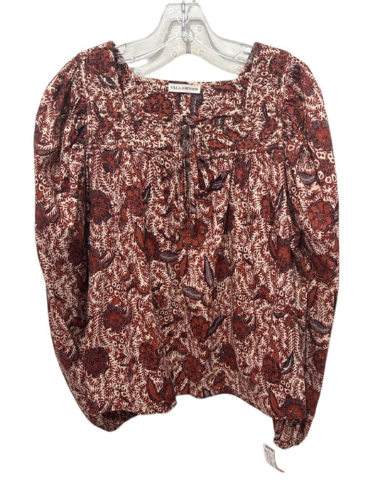 Ulla Johnson Size 4 Brown & Cream Cotton & Rayon Long Balloon Sleeve V Neck Top Brown & Cream / 4