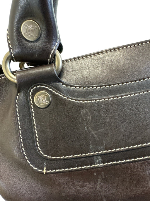 Celine Dark Brown Leather Top Handle Zip Pocket Multiple Compartments Hand Bag Dark Brown