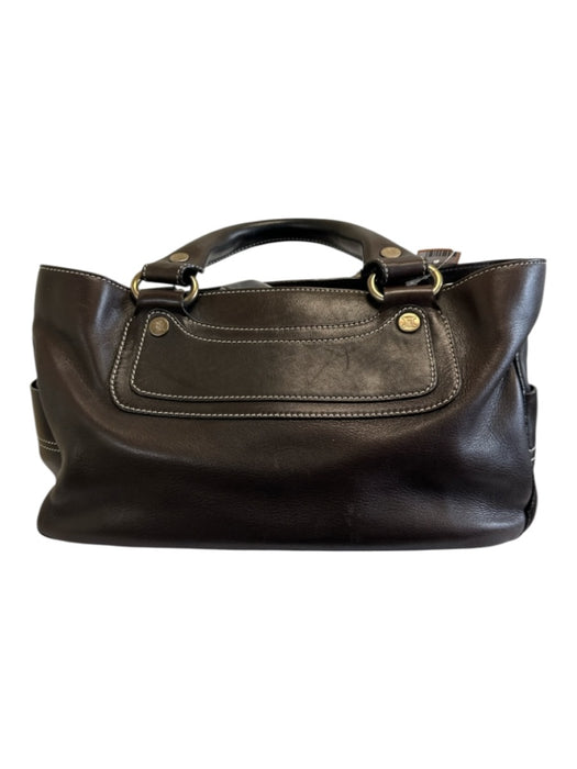 Celine Dark Brown Leather Top Handle Zip Pocket Multiple Compartments Hand Bag Dark Brown