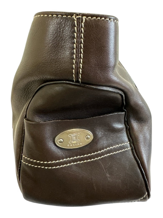 Celine Dark Brown Leather Top Handle Zip Pocket Multiple Compartments Hand Bag Dark Brown