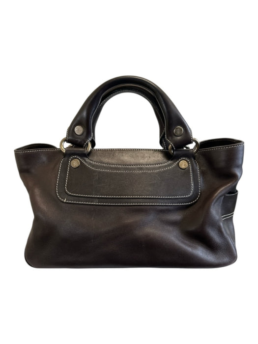 Celine Dark Brown Leather Top Handle Zip Pocket Multiple Compartments Hand Bag Dark Brown
