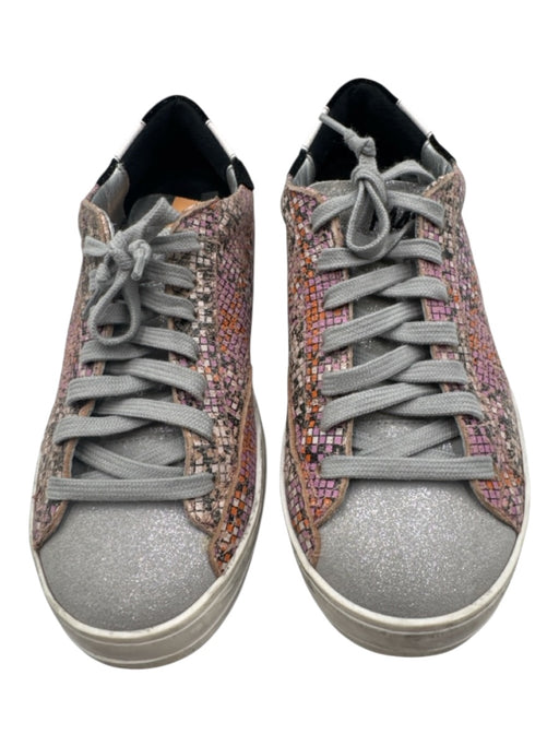 P448 Shoe Size 37 Pink, Gray, Orange Leather Upper Round Toe Checkered Sneakers Pink, Gray, Orange / 37