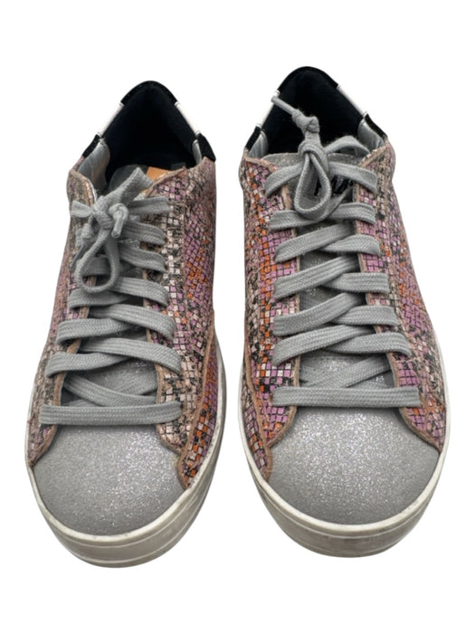 P448 Shoe Size 37 Pink, Gray, Orange Leather Upper Round Toe Checkered Sneakers Pink, Gray, Orange / 37